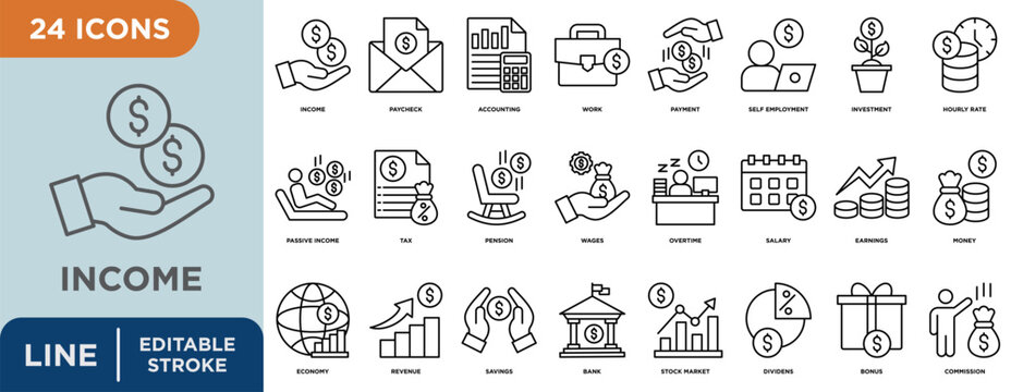 Income line icon set with editable stroke for paycheck, accounting, work, payment, and self employment