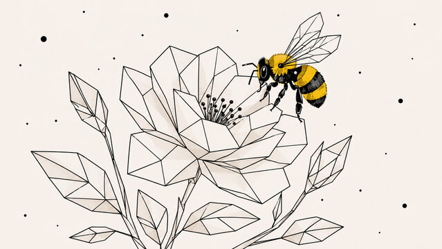 Geometric Bee on Polygonal Flower Illustration