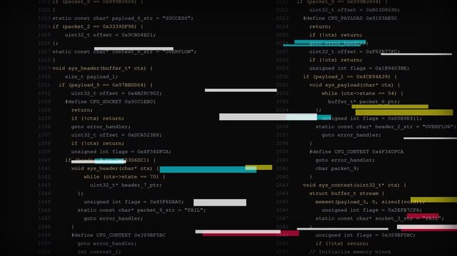 Computer code scrolling with colored glitch blocks and syntax highlighting on black background for cybersecurity data breach visuals.