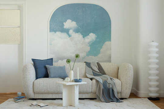 Minimalist Living Room with Sofa and Cloud Mural Decor