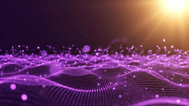 Abstract digital landscape with flowing purple particles and light rays