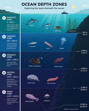 Ocean Depth Zones Infographic &mdash; Sunlight to Hadal Zone Explained