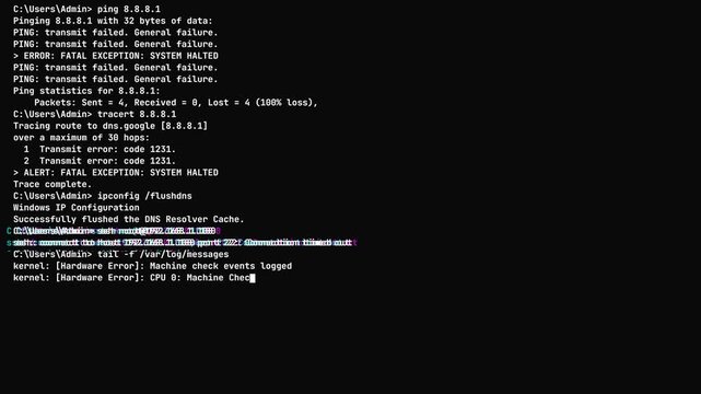 Terminal screen scrolling with system failure fatal exception text and digital glitch data breach visualization for cybersecurity backgrounds.