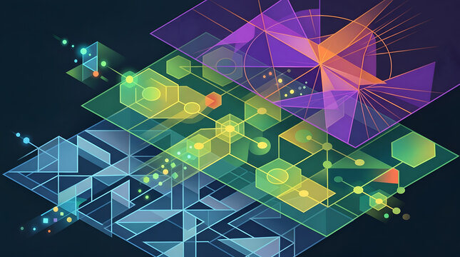 Abstract Isometric Software Architecture and Data Technology Stack Diagram