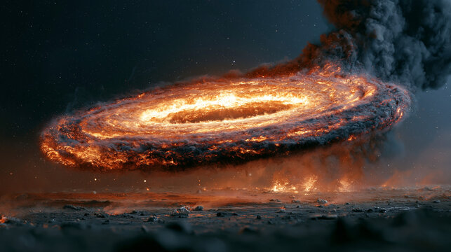 Fiery circular vortex explosion above ground level with explosion, destruction