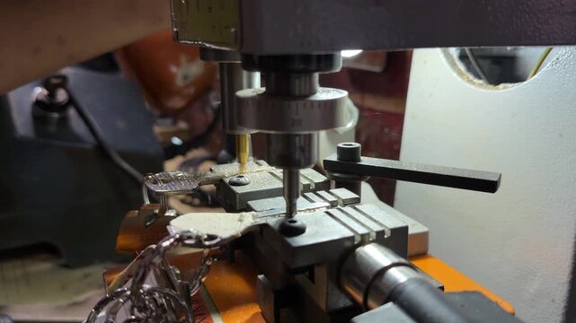 Close-up video of a locksmith duplicating a metal key with a precision key cutting machine, showcasing professional security service, craftsmanship, hardware repair and key replacement.