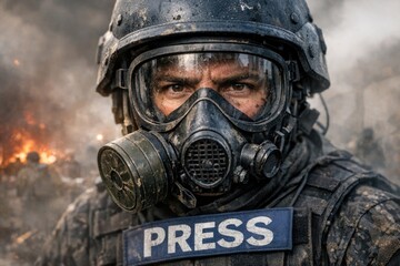 Fototapeta premium A person wears a gas mask and holds a sign that says 'press' in a bold font