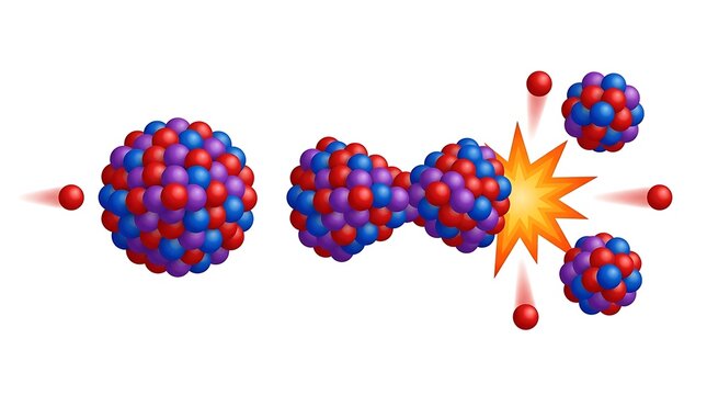 Scientific illustration of nuclear fission process showing atom splitting