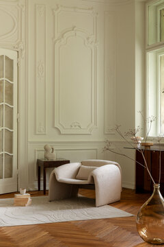 Elegant Living Space, Natural Light and Classic Architectural Details, Inviting Home Interior Decor with Armchair