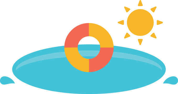 Summer vacation with a lifebuoy floating on blue water under a bright yellow sun, flat isolated on a white background