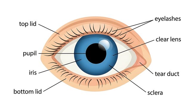 Human eye anatomy labeled diagram showing external structures with structure