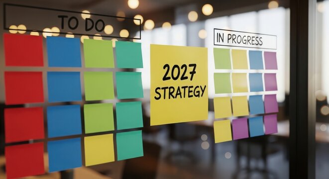 2027 strategy written on a sticky note on a glass board with to do and in progress task lists