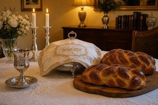 A Shabbat table set with a white linen cloth, silver cup, and braided challah bread, warm ambient light.