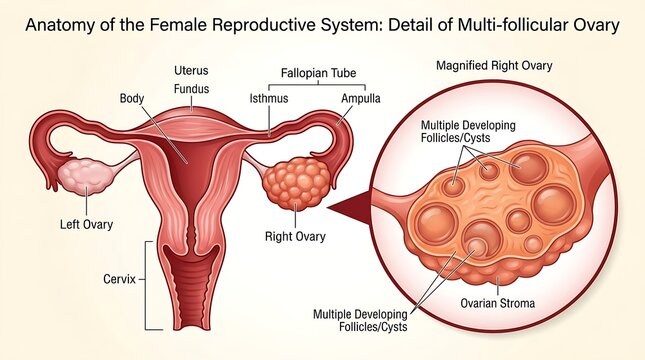 Anatomy of the female reproductive system highlighting multi-follicular ovary