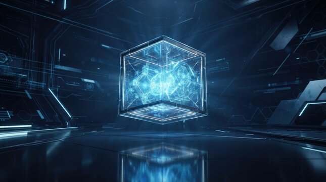 A glowing, translucent cube floats within a futuristic, dark chamber.