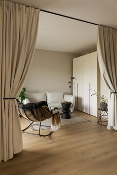 Modern Living Space with Neutral Tones and Room Divider Curtains, Interior Design View
