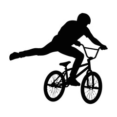 Fototapeta premium Black silhouette of a BMX rider performing a high-flying tailwhip stunt mid-air, an isolated graphic design element
