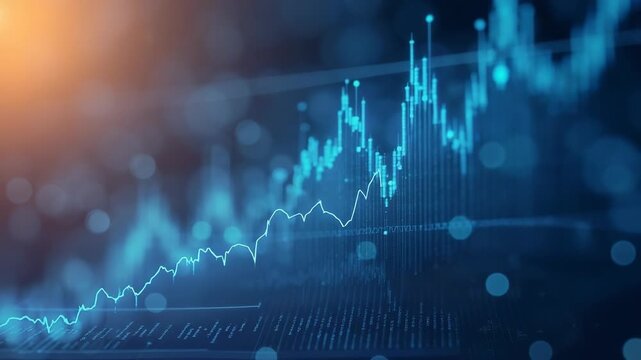 Growing market trend concept. Glowing blue line graph rising up graphic animation..