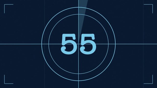 Blue 60 second retro film leader countdown from 60 to 1 with rotating wipe and grain