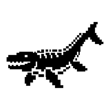 Pixel art mosasaur skeleton, prehistoric sea reptile, retro game style