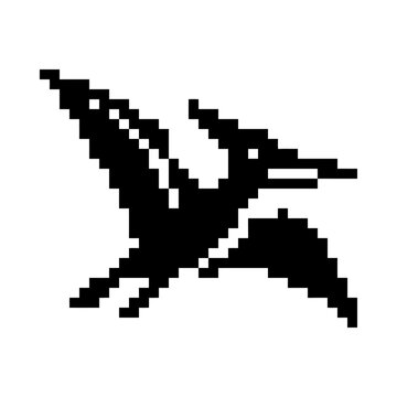 Pixel art pterodactyl flying, retro 8-bit dinosaur silhouette on white background