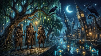 Fototapeta premium Three figures, a wizard, a warrior, and a scholar, stand together in a fantastical cityscape.