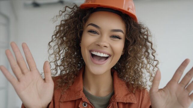 A young, attractive woman in protective gear gestures indoors. An engineer or construction worker in a hard hat and overalls poses with his arms raised.