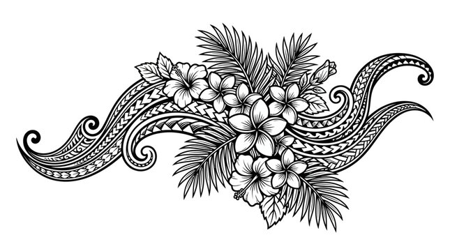 Polynesian Tribal Design with Tropical Flowers Vector Illustration