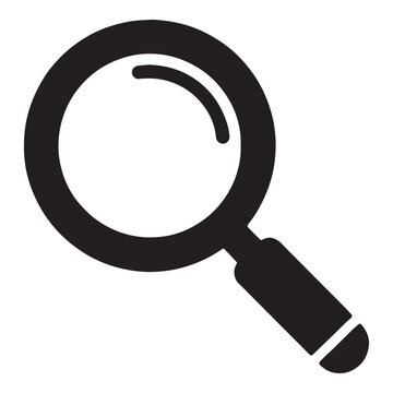 Minimalist black magnifying glass icon representing search and discovery functionality for digital