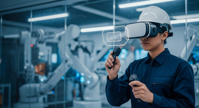 Professional Engineer Using Virtual Reality VR Headset to Control and Program Robotic Arms in a Modern High-Tech Industrial Manufacturing Facility