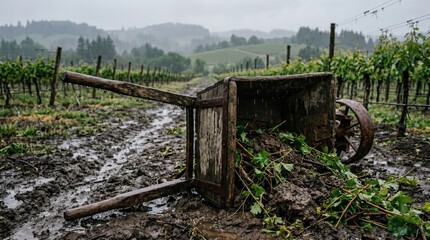 Obraz premium In a vineyard during a rainy day, an overturned wheelbarrow lies in the muddy ground, surrounded by vibrant green vines.