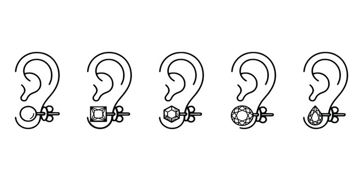Five ear piercing and earring designs showcasing different gemstone cuts and stud styles for jewelry lovers.