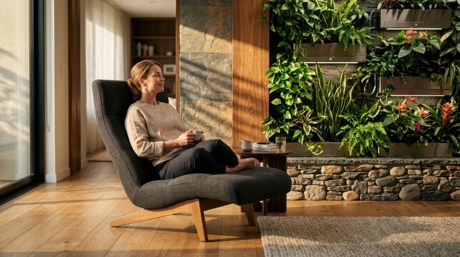 A calm young woman sitting peacefully in a comfortable armchair within a sunlit modern home interior featuring lush indoor plants