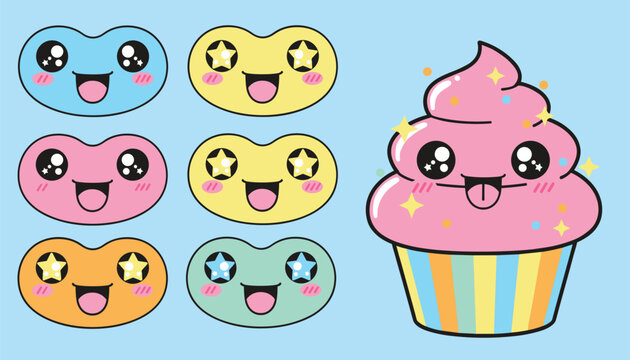 Sweet pink cupcake with kawaii face next to colorful cute bean-shaped characters on blue background vector.