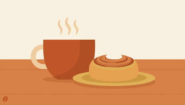 Cozy morning breakfast with a brown cup of hot coffee and a sweet cinnamon roll served on a golden plate.