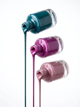 Three bottles of nail polish pouring liquid colors isolated on white background