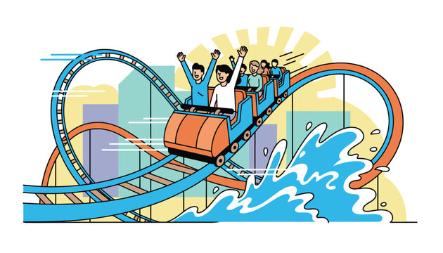 Excited group of people riding a thrilling rollercoaster through loops and splashing water vector illustration.