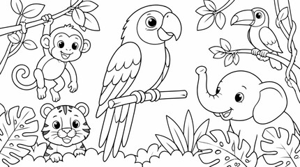 Fototapeta premium Wildlife Jungle Scene with Parrot, Elephant, Monkey, tiger cub and toucan