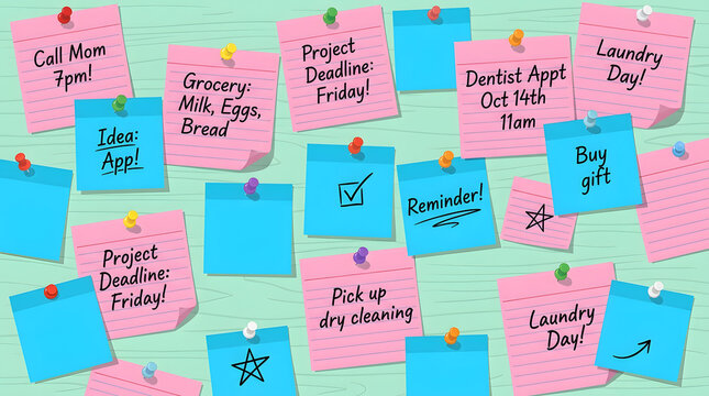 Sticky Notes Reminder Collage: A colorful assortment of sticky notes with handwritten reminders and tasks, pinned to a mint green background, depicting a busy schedule and to-do list.