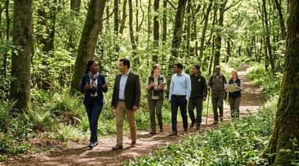 Fototapeta premium A diverse professional team walking together through a lush green forest trail during a productive outdoor business meeting session