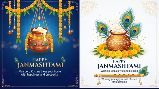 Greeting banners with dahi handi (pot with cream) and bansuri (flute) for Hindu festival Krishna Janmashtami (birth of Lord Krishna). Vector set.