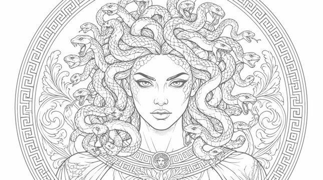 Medusa portrait with intricate circular decorative border and snakes