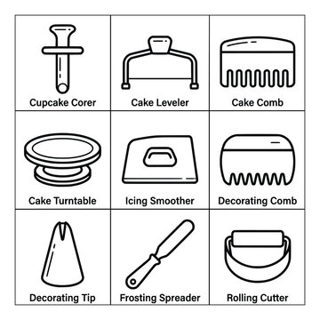 Professional cake decorating and pastry baking tools linear vector icons collection for dessert making and sugarcrafting.