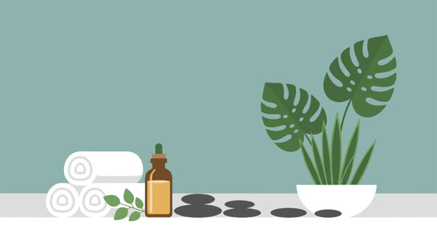 Peaceful spa arrangement featuring rolled white towels, essential oil, massage stones, and a potted green plant.
