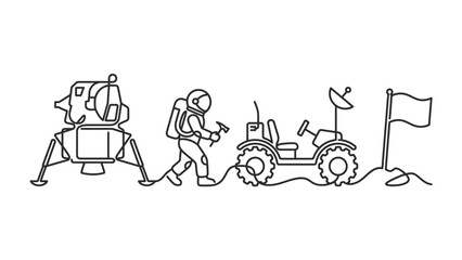 Astronaut exploring moon with rover lunar lander and flag single line art © Lintingan