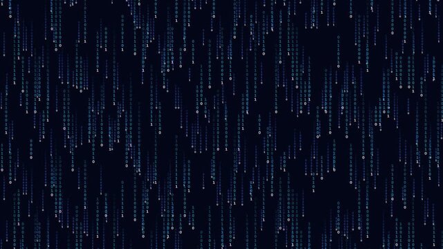 Pixel rain falling square particles with cyan glow descending on dark screen for digital tech transition
