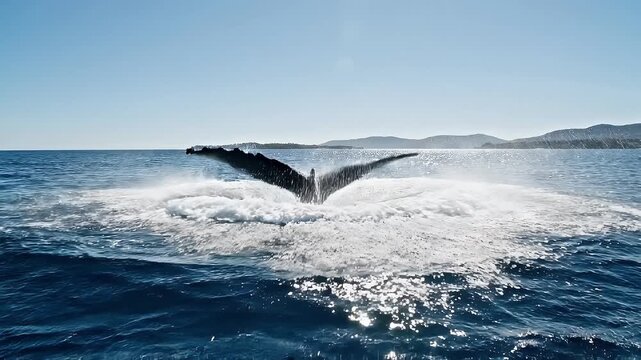 Humpback whale splashing water with its massive tail fluke in the blue ocean