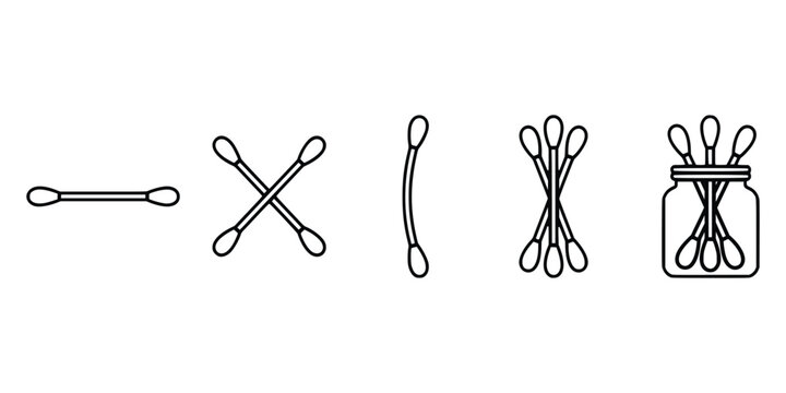 Vector icon set of cotton swabs for personal hygiene and cosmetic use shown in various positions including glass container jar.