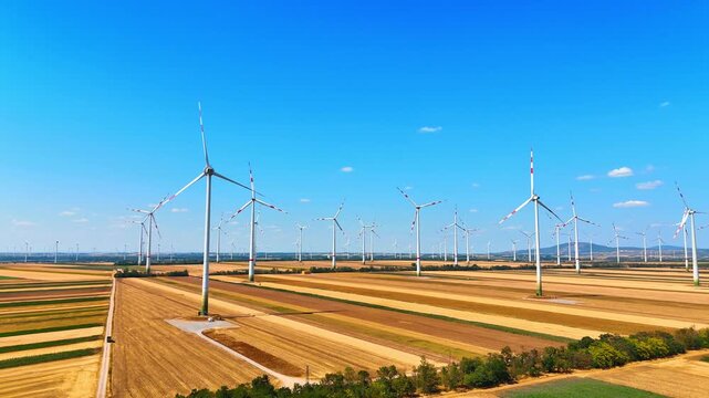Wind farm turbines spread across vast farmland grid. High aerial view of multiple turbines standing along rural roads in golden fields.