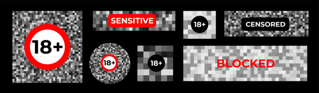 Censorship and Age Restriction Overlay Set - Pixelated Mosaic Blocks with 18+, Sensitive, Censored and Blocked Labels on Black Background